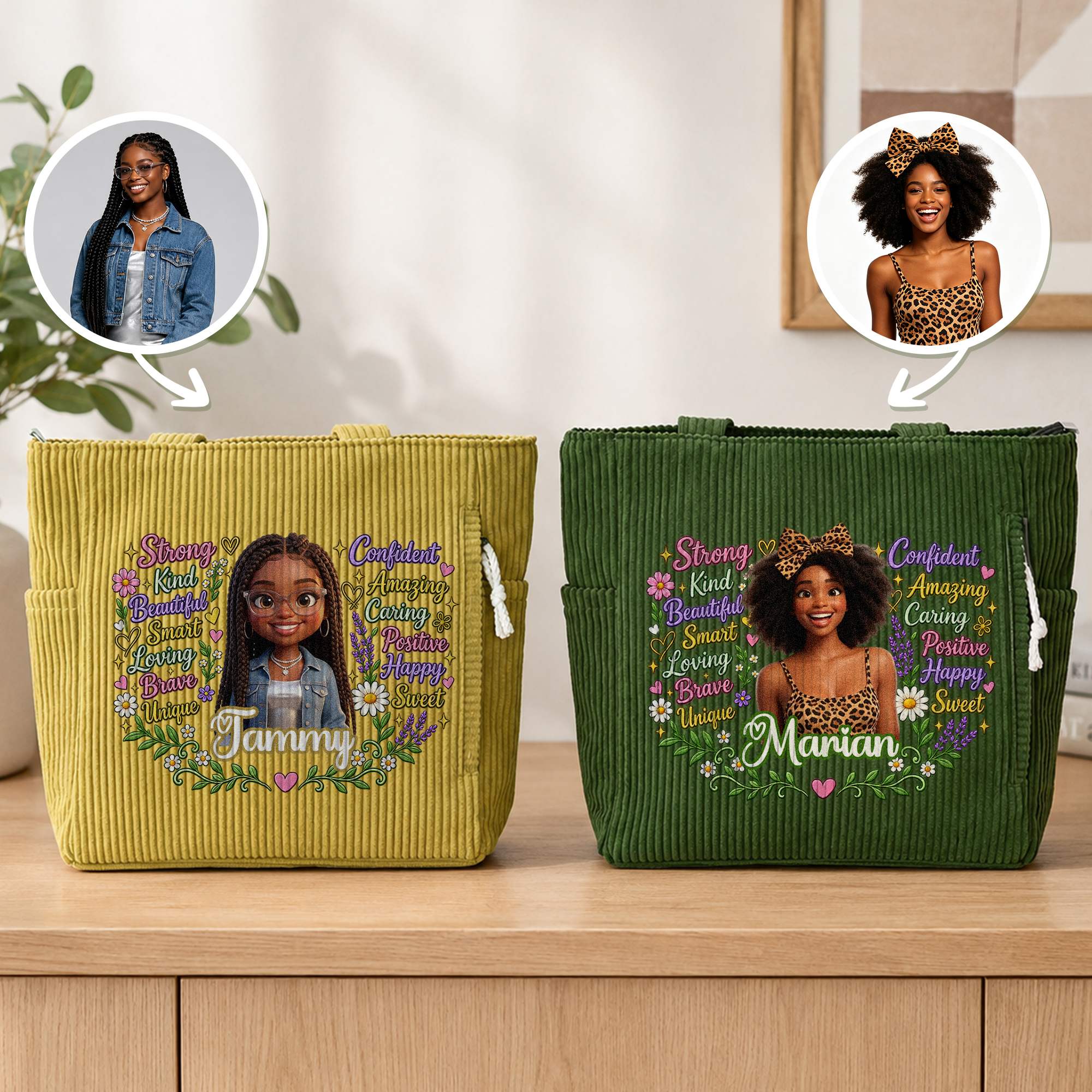 Personalisierte 3D-Effekt-Tote-Bag aus Cord mit Cartoon-Figur, Foto, positiven Sprüchen und Namen – unverzichtbar für Reisen und den Alltag, Geburtstagsgeschenk für sie