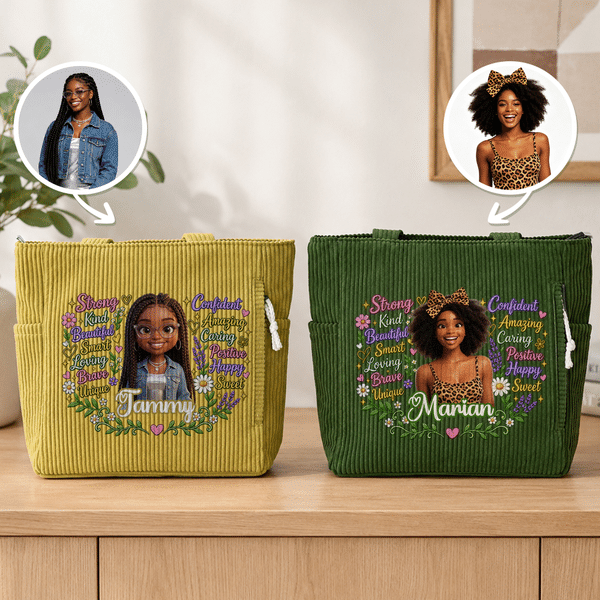 Sac fourre-tout en velours côtelé personnalisé, avec motif 3D, personnage de dessin animé, photo, messages positifs et prénom – Indispensable pour les voyages et le quotidien – Cadeau d'anniversaire p