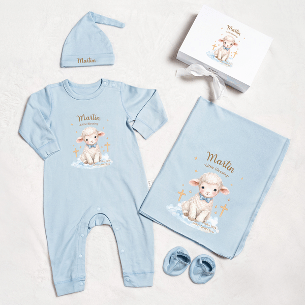 Personalized Jesus Love You Little Sheep 100% Cotton Baby Bodysuit Hat Blanket Gift Box Set Baptism Baby Shower Gift for Newborn New Parents