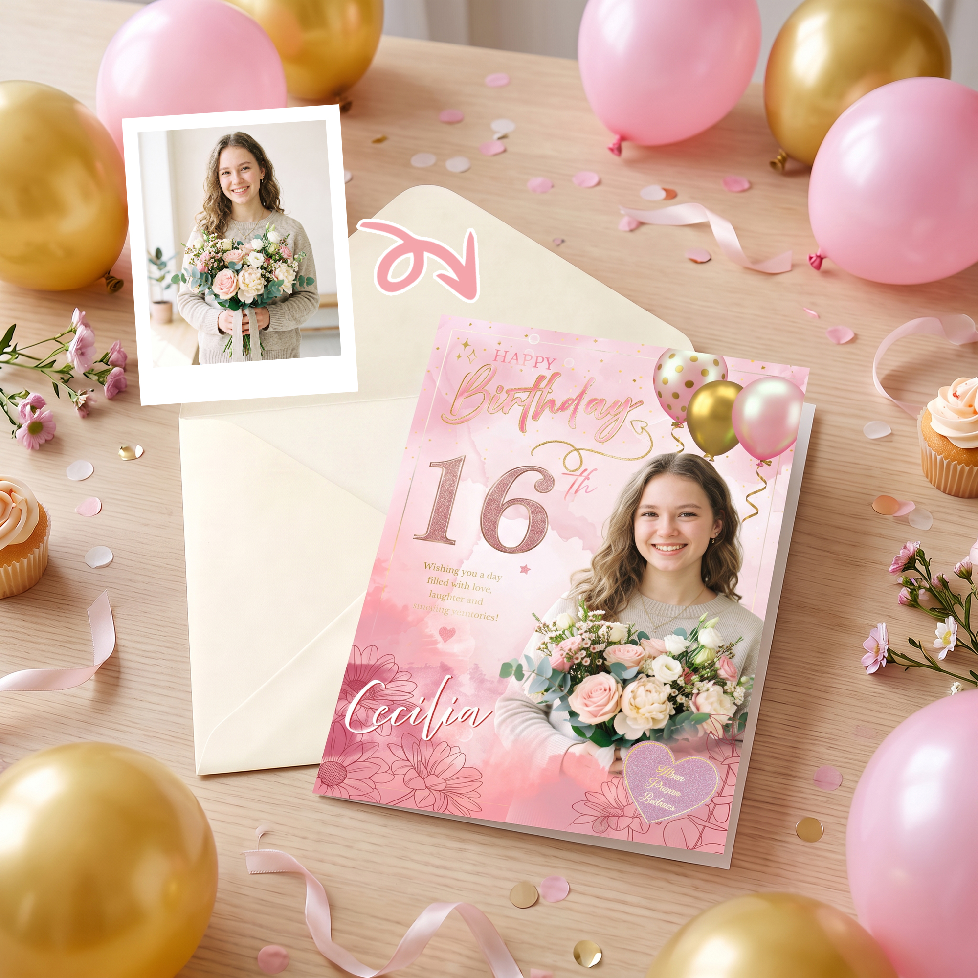Personalisierte „Happy Birthday“-Grußkarte mit Ballonmotiv, Foto, Namen und Alter sowie Umschlag – Geburtstagsgeschenk für Familie und Freunde