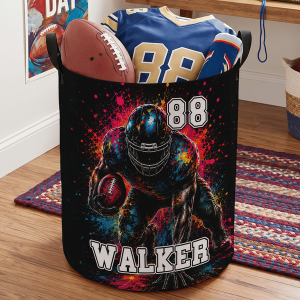 Personalized Watercolor Splash Football Sports Storage Laundry Basket with Handle Number and Name Daily Use Birthday Gift for Sports Lovers