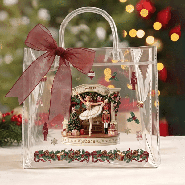 Personalised Nutcracker Ballerina Girl Christmas Wreath Burgundy Bow Gift Bag with Name and Year Christmas Gift for Ballet Lovers