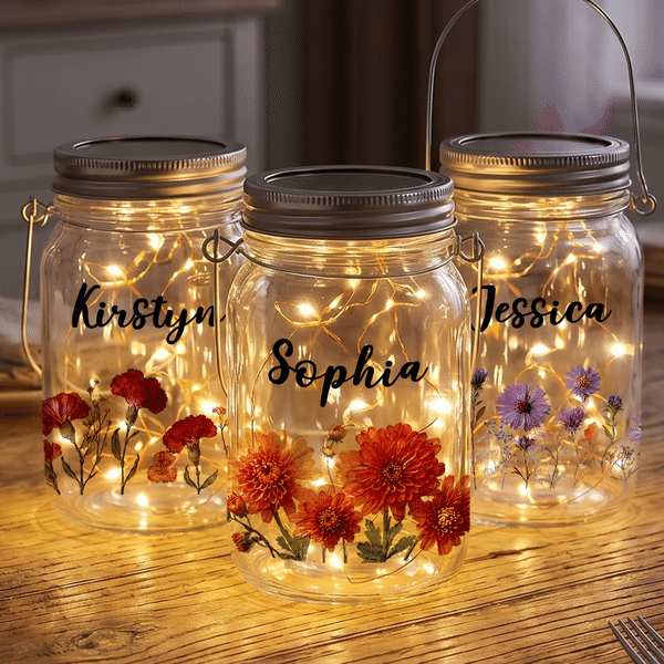 Personalised Birth Flower Mason Jar Night Light with Name Home Decor Birthday Bachelorette Party Gift for Friend Sister Bridesmaid