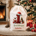 Personalized Cute Snowman Santa Claus Christmas Hat Initial Design Large Canvas Drawstring Gift Bag with Name Christmas Gift for Boys Girls