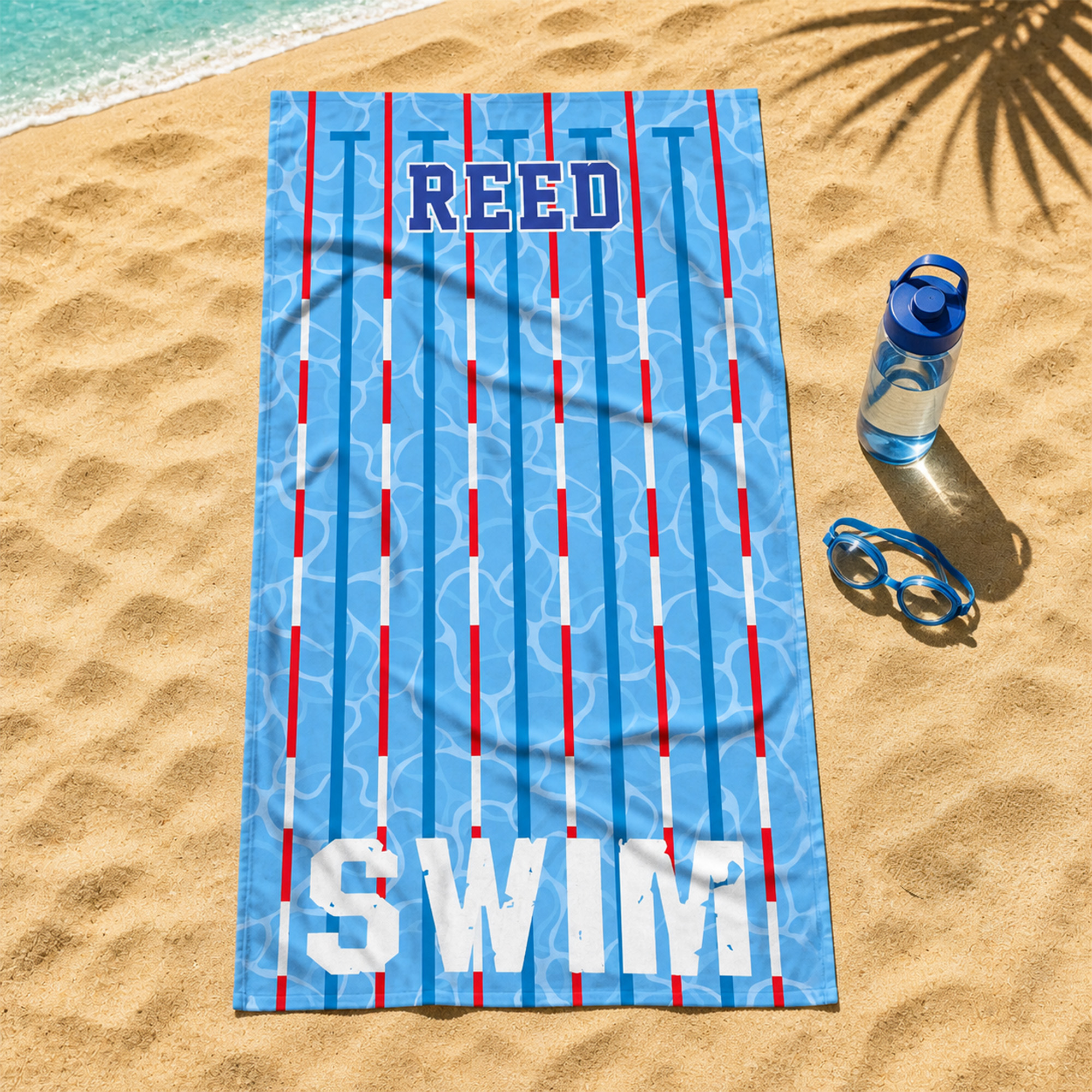 Individuell bedrucktes, weiches, schnell trocknendes Strandtuch mit Schwimmbahnstreifen und Text – Sommerurlaub, Schwimmtraining, Geburtstagsgeschenk für Schwimmer
