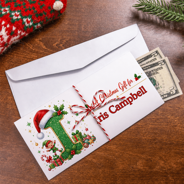 Portamonete personalizzato a forma di elfo di Natale con cappello da Babbo Natale, iniziale, nome e busta: regalo di Natale per la famiglia e i bambini