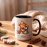 Gepersonaliseerde keramische mok met kerstthema en Highland-koe, 11 oz en 15 oz, met naam en onderzetter – kerstcadeau voor liefhebbers van Highland-koeien