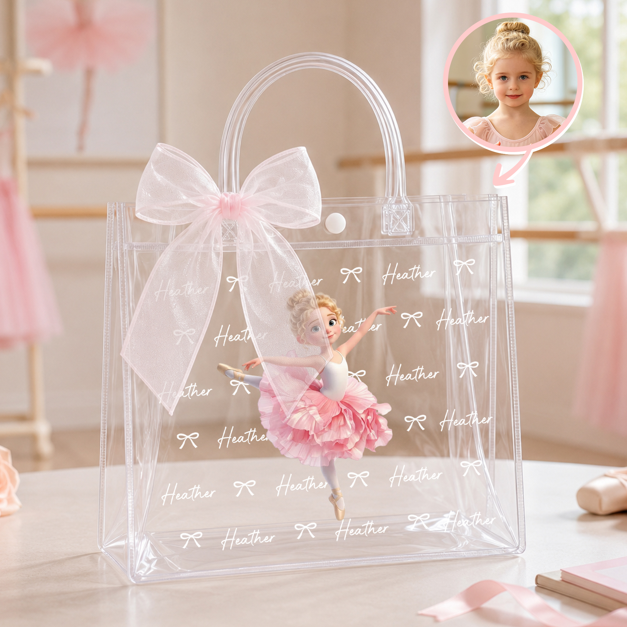 Personalisiertes Kunstwerk mit Geburtsblume und 3D-Effekt: Cartoon-Ballettmädchen in transparenter Geschenktüte mit Namen und rosa Schleife – Geburtstagsgeschenk für Mädchen