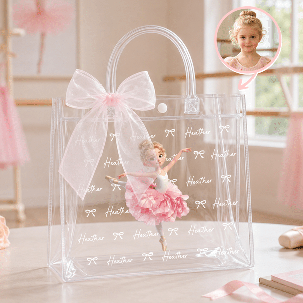 Personalised Birth Flower 3D-Effect Artwork Cartoon Ballet Girl Transparent Gift Bag with Name and Pink Ribbon Bow Birthday Gift for Girls