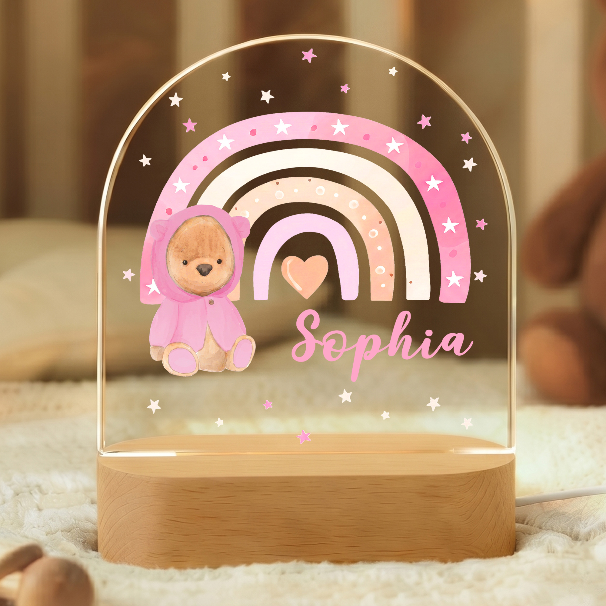 Personalisiertes Regenbogen-Cartoon-Tier im Regenmantel – Acryl-LED-Nachtlicht mit Namen und Holzsockel – Raumdekoration – Geschenk zur Geburt, zum ersten Lebensmonat oder zum Geburtstag für Kinder