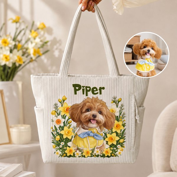 Personalised Cute Pet Photo Birth Flower Large Capacity Corduroy Tote Bag with  Name Birthday Anniversary Gift for Pet Owners