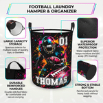 Personalised Watercolor Splash American Football Sports Storage Laundry Basket with Handle Number and Name Daily Use Birthday Gift for Sports Lovers