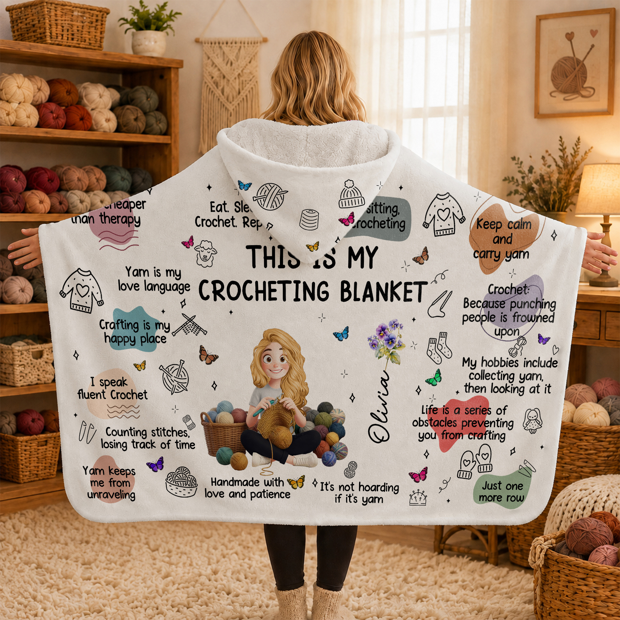 Individuell gestaltete 3D-Art-Deco-Decke mit Cartoon-Strickfigur, Geburtsblume und weicher Kapuze – mit Namen – Geburtstagsgeschenk für Häkler, Stricker und Bastler