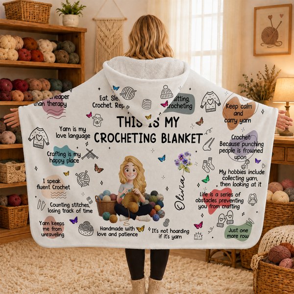 Personalised 3D-Style Artwork Cartoon Knitter Character Birth Flower Soft Hooded Blanket with Name Birthday Gift for Crocheters Knitters Crafters