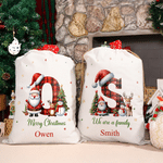 Personalized Cute Snowman Santa Claus Christmas Hat Initial Design Large Canvas Drawstring Gift Bag with Name Christmas Gift for Boys Girls