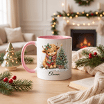 Gepersonaliseerde keramische mok met kerstthema en Highland-koe, 11 oz en 15 oz, met naam en onderzetter – kerstcadeau voor liefhebbers van Highland-koeien