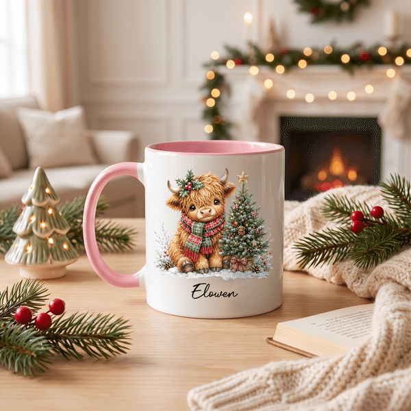 Personalised Christmas Theme Highland Cow 11 oz 15 oz Ceramic Mug with Name and Coaster Christmas Gift for Highland Cow Lovers