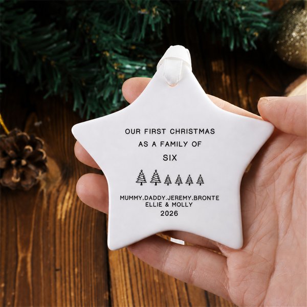 Personalised Our First Christmas as a Family Star Shaped Ceramic Ornament with Name and Year Christmas Tree Decor Gift for Family New Parents