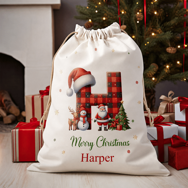 Personalized Cute Snowman Santa Claus Christmas Hat Initial Design Large Canvas Drawstring Gift Bag with Name Christmas Gift for Boys Girls
