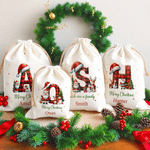 Personalized Cute Snowman Santa Claus Christmas Hat Initial Design Large Canvas Drawstring Gift Bag with Name Christmas Gift for Boys Girls