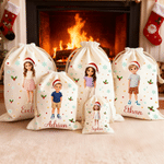 Borsa regalo personalizzata in tela con personaggio dei cartoni animati a forma di stella e fiocco di neve, con foto e nome – Regalo di Natale per bambini