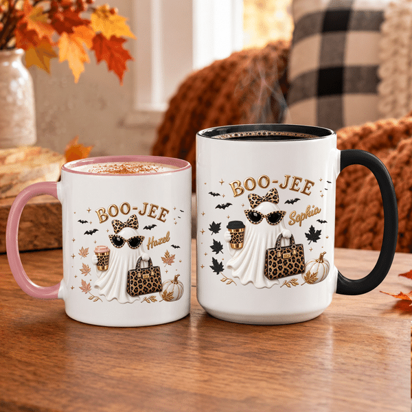 Personalized Multicolour Boo Jee Leopard Ghost 11 oz 15 oz Ceramic Coffee Mug with Name Halloween Fall Gift for Family Friends