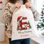 Personalized Cute Snowman Santa Claus Christmas Hat Initial Design Large Canvas Drawstring Gift Bag with Name Christmas Gift for Boys Girls