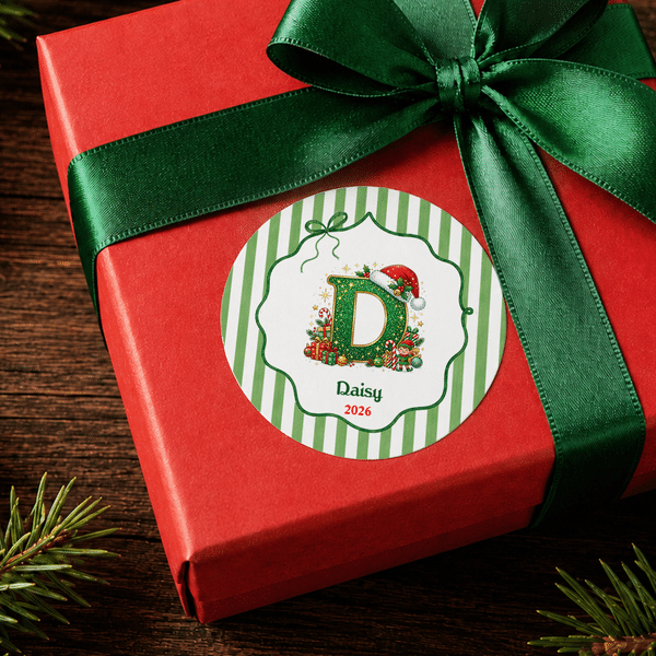 Personalized Christmas Elf Initial Waterproof Stickers with Name and Year Festival Party Christmas Gift for Kids