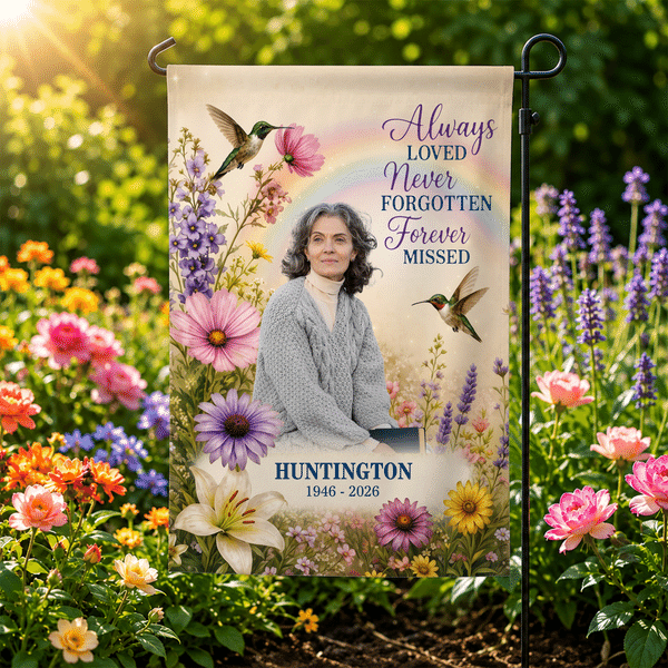 Personalized Floral Hummingbird Rainbow Photo Memorial Garden Flag with Name and Date Commemorative Sympathy Gift for Loss of Loved One