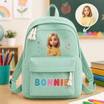 Mochila de pana con efecto 3D personalizada, con dibujo de un personaje de dibujos animados y foto de una estrella, con el nombre del niño o la niña; regalo de vuelta al cole y de cumpleaños para niño