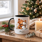 Gepersonaliseerde keramische mok met kerstthema en Highland-koe, 11 oz en 15 oz, met naam en onderzetter – kerstcadeau voor liefhebbers van Highland-koeien