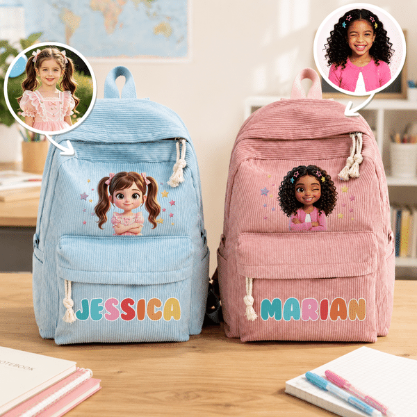 Mochila de pana con efecto 3D personalizada, con dibujo de un personaje de dibujos animados y foto de una estrella, con el nombre del niño o la niña; regalo de vuelta al cole y de cumpleaños para niño