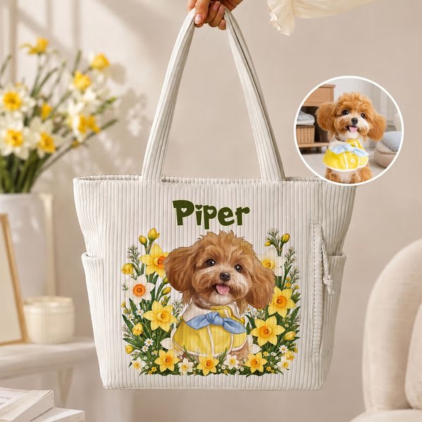 Gepersonaliseerde grote ribfluwelen tas met huisdierfoto geboortebloem en naam - cadeau voor verjaardagen en jubilea voor huisdiereigenaren