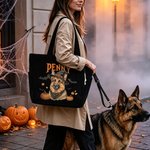 Personalized Halloween Witch Hat Pet Portrait Large Capacity Corduroy Tote Bag with Name Travel Daily Use Halloween Gift for Women Pet Owners