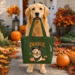 Personalized Halloween Witch Hat Pet Portrait Large Capacity Corduroy Tote Bag with Name Travel Daily Use Halloween Gift for Women Pet Owners