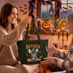 Personalized Halloween Witch Hat Pet Portrait Large Capacity Corduroy Tote Bag with Name Travel Daily Use Halloween Gift for Women Pet Owners