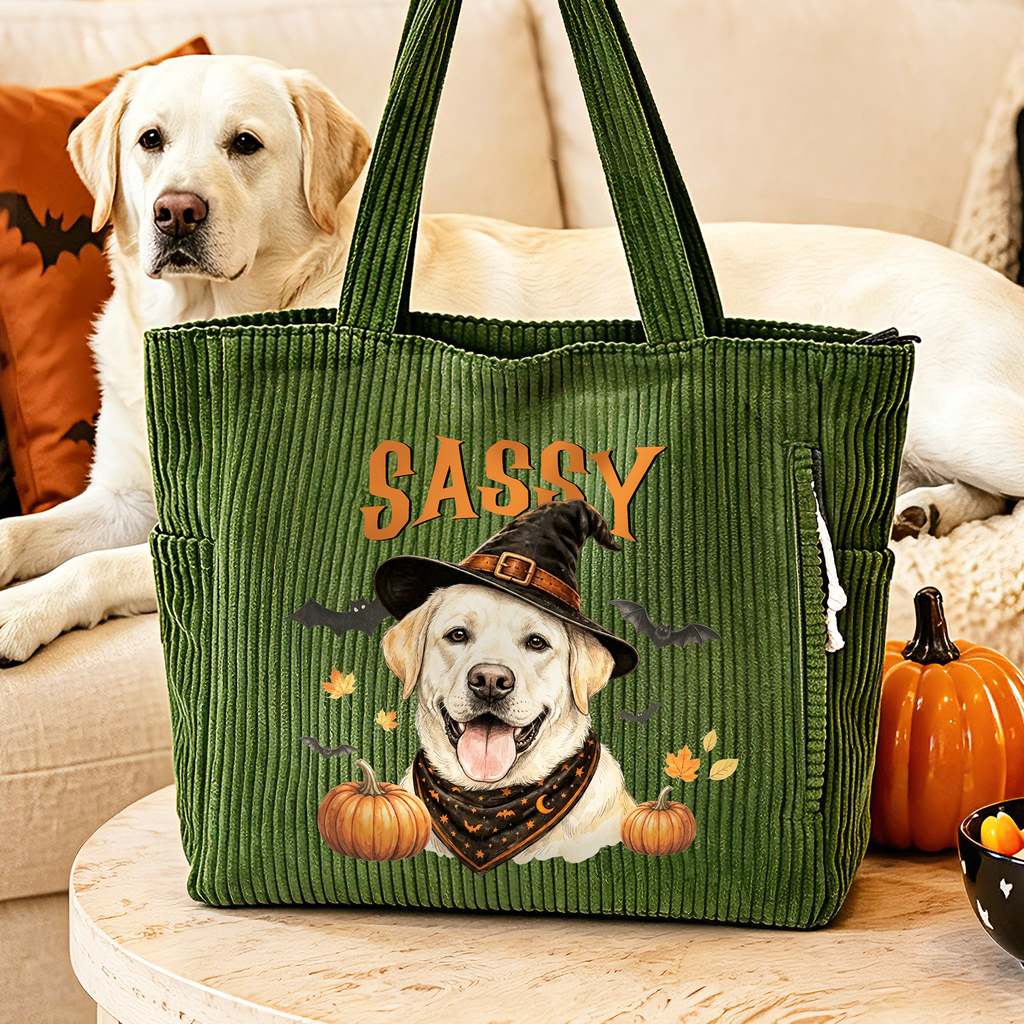 Personalisierte Halloween-Hexe-Hut-Haustier-Porträt-Cordtasche mit großem Fassungsvermögen und Namensaufdruck – für Reisen und den täglichen Gebrauch – Halloween-Geschenk für Frauen und Haustierbesitz