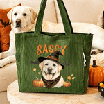 Personalized Halloween Witch Hat Pet Portrait Large Capacity Corduroy Tote Bag with Name Travel Daily Use Halloween Gift for Women Pet Owners
