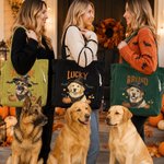 Personalized Halloween Witch Hat Pet Portrait Large Capacity Corduroy Tote Bag with Name Travel Daily Use Halloween Gift for Women Pet Owners