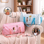 Personalized Birth Flower 3D-Effect Artwork Cartoon Character Large Seersucker Duffle Bag with Name Travel Essential Birthday Gift for Kids