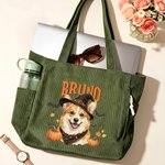 Personalized Halloween Witch Hat Pet Portrait Large Capacity Corduroy Tote Bag with Name Travel Daily Use Halloween Gift for Women Pet Owners
