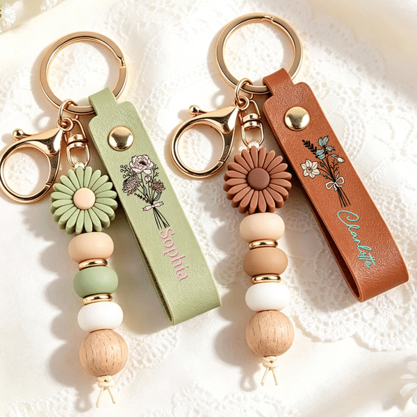 Personalised Birth Flower PU Leather Keychain with Name and Daisy Bead Charm Birthday Wedding Party Gift for Family Best Friend