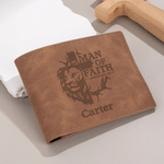 Personalized Man of Faith Lion Cross PU Leather Wallet with Name Birthday Anniversary Birthday Baptism Gift for Husband Dad Christian