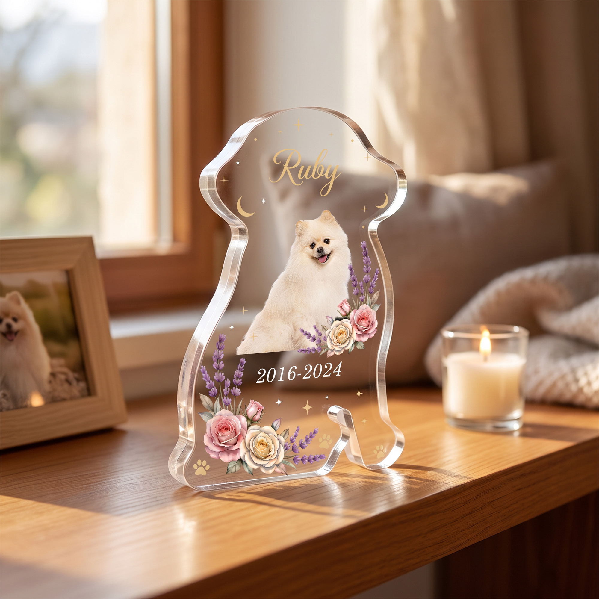 Personalised Flower Dog Portrait Star Dog Shaped Acrylic Ornament with Name and Year Home Decor Memorial Sympathy Pet Loss Gift for Pet Owner