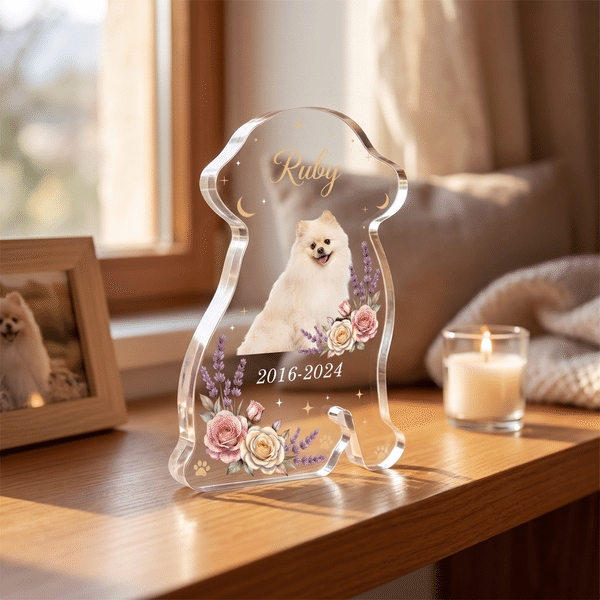 Personalized Flower Dog Portrait Star Dog Shaped Acrylic Ornament with Name and Year Home Decor Memorial Sympathy Pet Loss Gift for Pet Owner