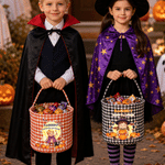 Personalized Cute Cartoon Character Photo Pumpkin Checkered Candy Bucket with Name Halloween Party Gift for Children