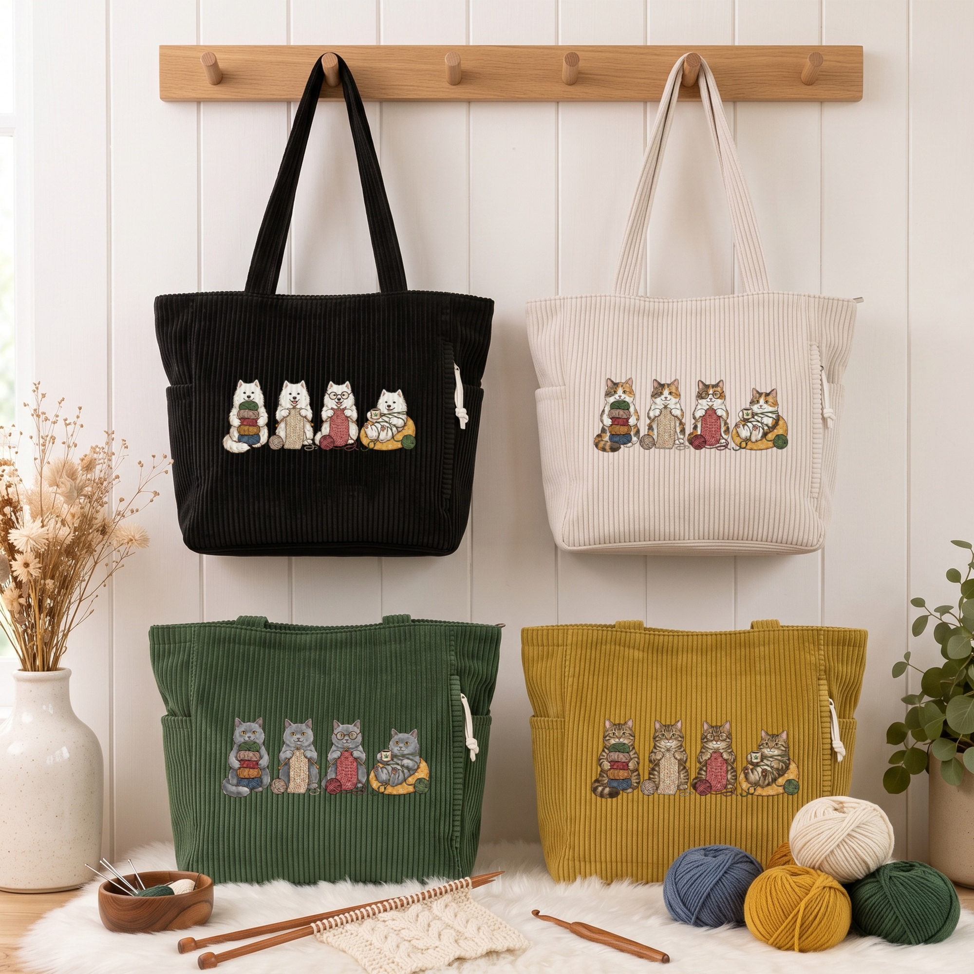 Personalisierte Cord Tasche | mit strickendem Cartoon-Tier | großes Fassungsvermögen | Geburtstag Weihnachten Geschenk für Familie & Freunde