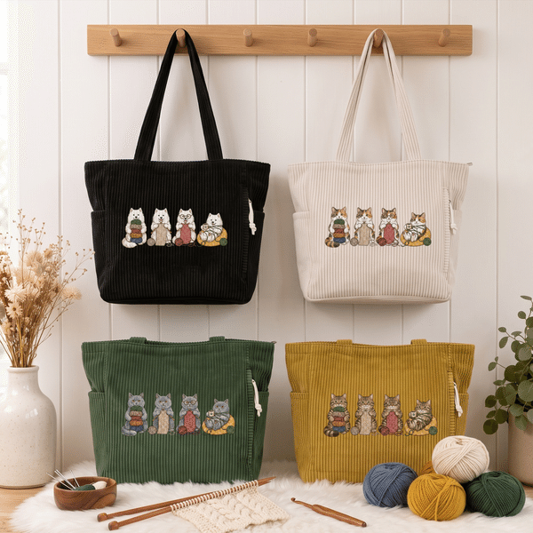 Personalized Cartoon Pet Knitting Design Large Capacity Corduroy Tote Bag Travel Essential Christmas Gift for Family Friends