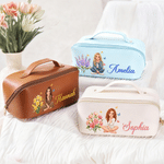 Borsa da trucco personalizzata in pelle PU con personaggio dei cartoni animati dipinto ad acquerello, foto e fiore del mese di nascita, con nome: regalo di compleanno o per i viaggi quotidiani, per do