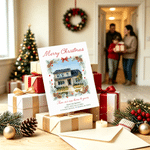 Personalized Watercolor Style House Photo Christmas Wreath Greeting Card with Text First Christmas in New Home Gift for Family Friend